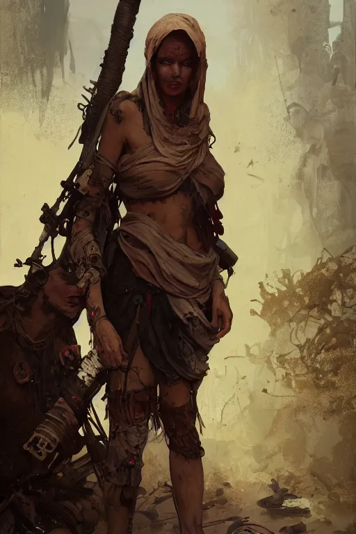 Image similar to a full body portrait of a beautiful post apocalyptic offworld slavers district bedouin blind pulp fiction scarlet wild rogue barbarian leper begging by the roadside, intricate, elegant, highly detailed, digital painting, artstation, concept art, smooth, sharp focus, illustration, art by krenz cushart and artem demura and alphonse mucha