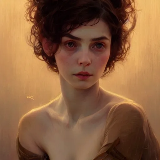 Image similar to portrait of a welsh girl with brown hair, glowing skin, delicate features, amelie poulain, fantasy, intricate, elegant, highly detailed, digital painting, artstation, concept art, smooth, sharp focus, illustration, art by Krenz Cushart and Artem Demura and alphonse mucha