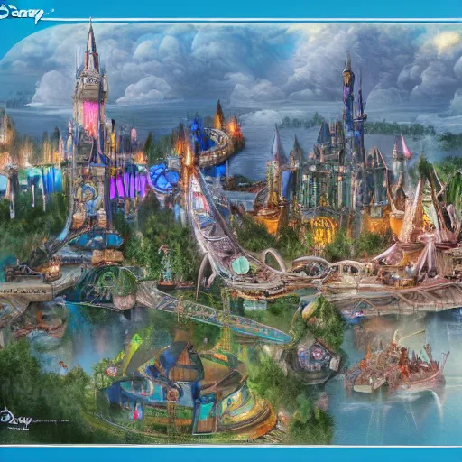 Prompt: concept art of new disney theme park, highly detailed, artstation