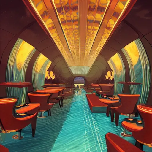 Image similar to beautiful Peter Mohrbach and tyler edlin highly detailed illustration of an underwater art deco lounge