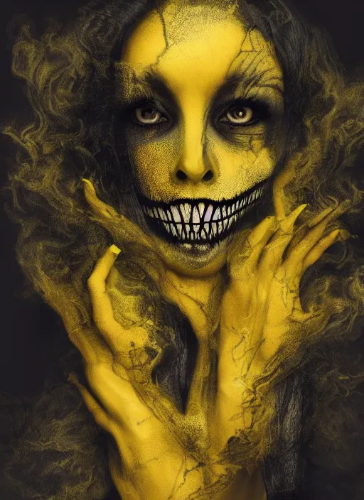 Image similar to dramatic yellow matte portrait painting of woman with black mandelbrot fractal instead of face, horror, body horror, dark art, 4 k, detailed, realistic, psychotic, insane, crazy, mental illness, dramatic,