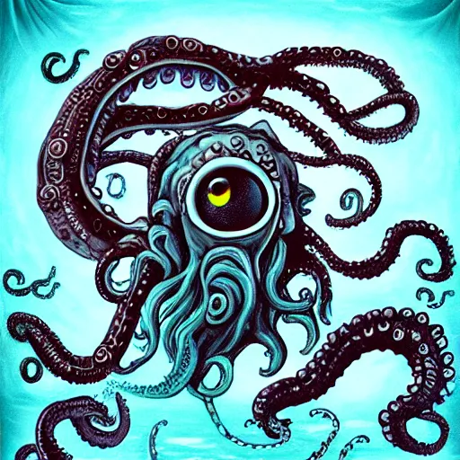 Prompt: Cthlulu marries the Kraken, eldritch, lovecraftian, tentacles, deep sea horror, in the style of first look, photography, airbrush, kawaii, oil painting,