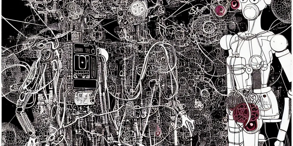 Image similar to risograph grainy drawing vintage sci - fi, antagonist girl, satoshi kon color palette, face covered with robot parts and wires, wearing futuristic scaphander with lot of wires and tentacles, robot parts around and on the background, parking lot, painting by moebius and satoshi kon and dirk dzimirsky close - up portrait