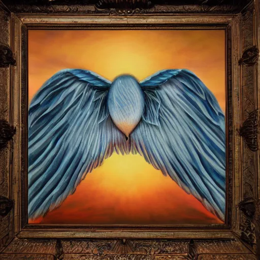 Image similar to a public restroom with wings, flapping its wings flying in sunset sky, oil on canvas, portrait, intricate, 8k highly professionally detailed, HDR, CGsociety