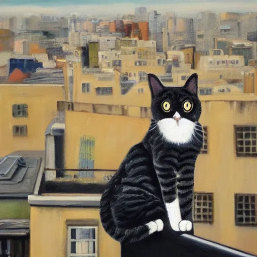 Image similar to an oil painting of a cat on top of a building looking over a city trending on art station