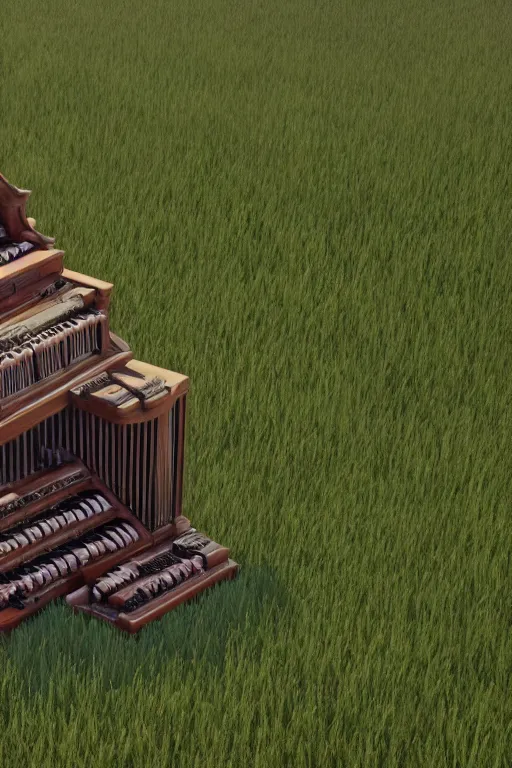 Image similar to a large organ in the middle of a field, trending on artstation, render, 3 d, octane, 4 k, 8 k, unreal engine, cinema 4 d