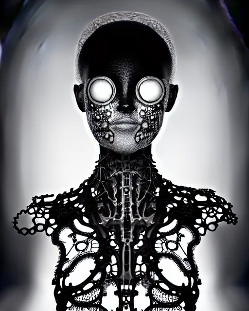 Image similar to black and white photo portrait of complex biomechanical young female cyborg with a mandelbrot fractal face, silver hair, 150 mm lens, soft rim light, fine foliage super big lace collar, Alexander McQueen, high fashion, haute couture, rococo, steampunk, silver filigree details, anatomical, facial muscles, cable wires, microchip, elegant, hyper realistic, octane render, unreal engine, H.R. Giger style, volumetric lighting, 8k,