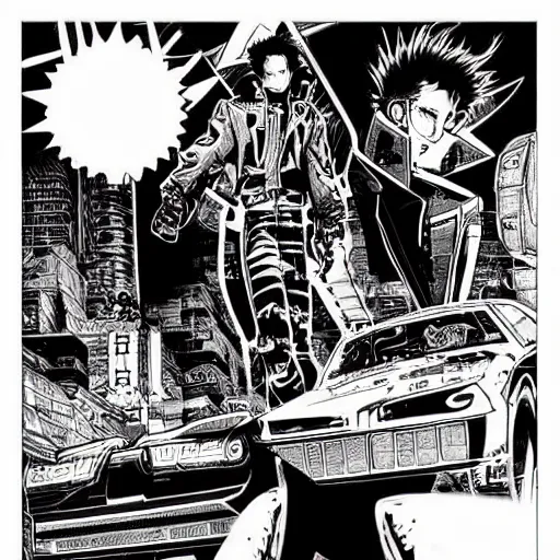Image similar to “Cyber Punk 2077” graphic novel illustrated by Kishimoto published on Shonen Jump 1996 black and white pen and ink highly detailed