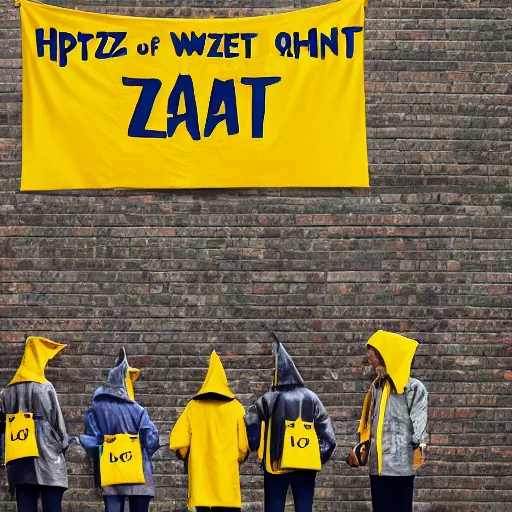 Prompt: a meeting of cat wizards dressed in yellow raincoats. A banner that reads 'Wiz Biz only, Fools' adorns the hall in which the meeting is happening. Hypermaximalistic, hyper detailed 4k resolution photo realistic