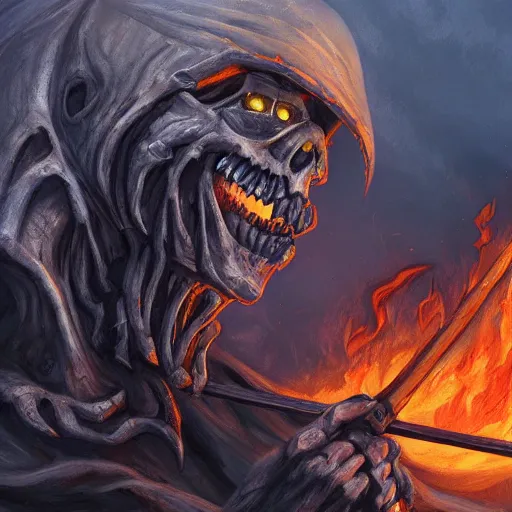 Image similar to a cloaked skeleton demon holding a spear watching a house on fire, firestorm, highly detailed digital art, oil on canvas, trending on Artstation, award-winning