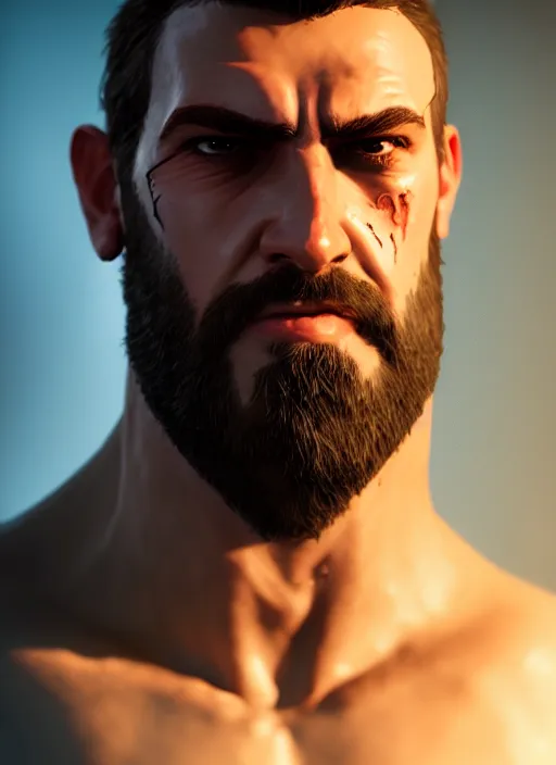 Image similar to an epic fantasy comic book style portrait painting of a big broad shouldered short haired man with a scar on his face and wears plain fantasy thief clothing, unreal 5, daz, hyperrealistic, octane render, cosplay, rpg portrait, dynamic lighting