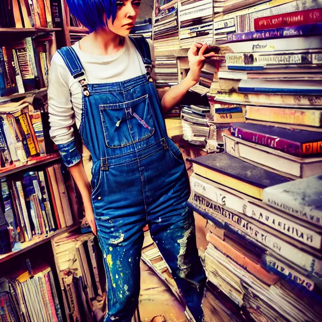 Image similar to full body pose, beautiful adult woman, short white hair shaved sides, dirty, grungy, grunge, long sleeve, painted overalls, stacks of giant books, highly detailed, 4 k, hdr, smooth, sharp focus, high resolution, award - winning photo, artgerm, photorealistic