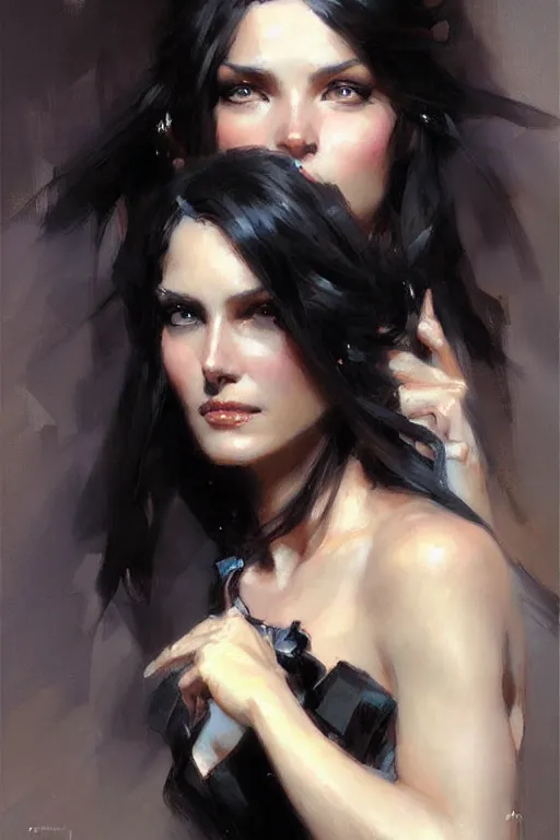 Prompt: pretty woman, flowing black hair, painting by daniel gerhartz, alphonse murac, detailed art, artstation