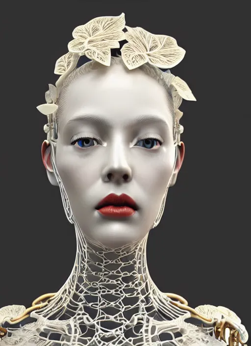 Prompt: complex 3d render ultra detailed of a beautiful porcelain profile woman face, mechanical cyborg, 150 mm, beautiful natural soft light, rim light, silver gold details, bloom magnolia big leaves and stems, roots, fine foliage lace, maze like, mesh wire, intricate details, hyperrealistic, ultra detailed, mandelbrot fractal, anatomical, red lips, white metal armor, facial muscles, cable wires, microchip, elegant, high fashion, octane render, H.R. Giger style, 8k