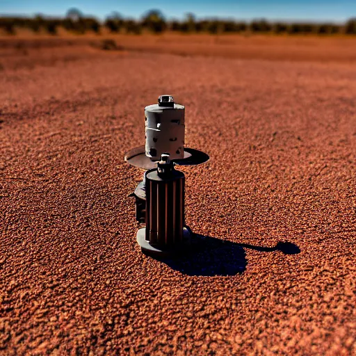 Prompt: industrial extrusion nozzle on flying radio controlled drone, extruding a clay mixture, in the australian desert, XF IQ4, 150MP, 50mm, F1.4, ISO 200, 1/160s, dawn