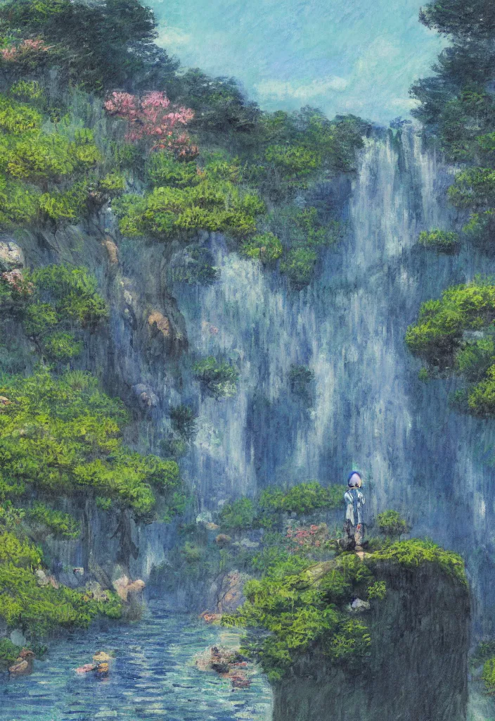 Prompt: tiny kodama in front of a japanese city in the mountain surrounded by waterfall. cyberpunk, boats flying. beautiful blue sky. gorgeous epic nature, lofi, vivid colors, amazing light, by jeremy lipkin, by claude monet, heavily inspired by makoto shinkai, inspired by ghibli, masterpiece, multiple brush strokes, impressionist style