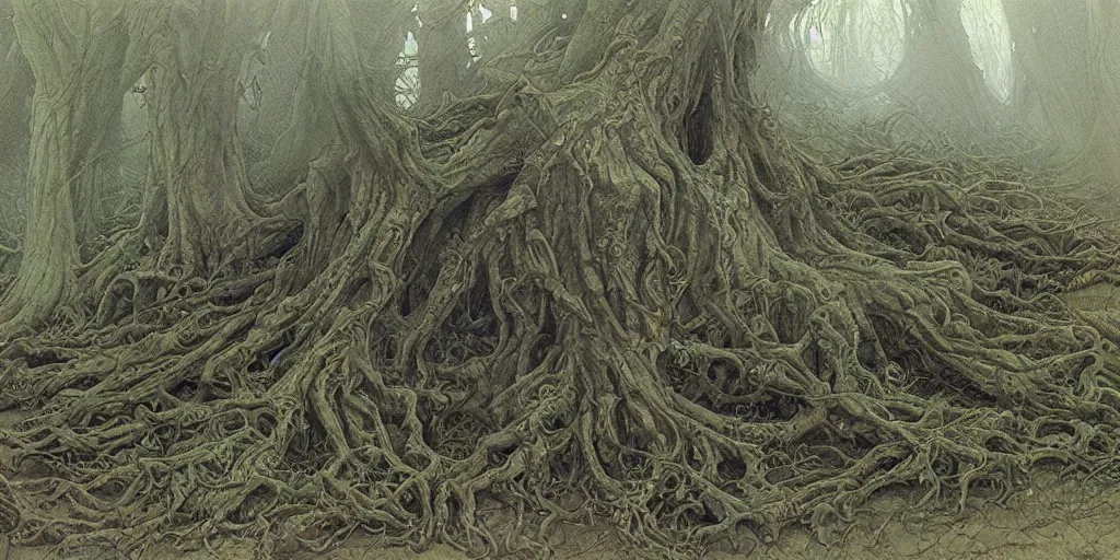 Image similar to artwork by john howe of the wretched thicket