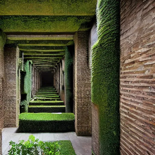 Prompt: courtyard complex of a labyrinthine monastary made of fractal resursively stacked bricks, fusion of carlo scarpa and thomas heatherwick, moss and ivy growing on the bricks, architectural photography