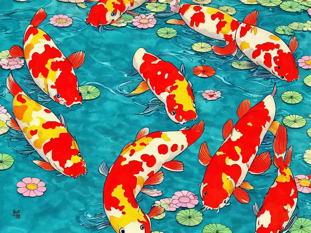 Prompt: colorful koi carp in a waterly pond, illustration, concept art, colorful, beautiful, studio ghibli, takashi murakami, aoshima chiho, manga, cute and adorable