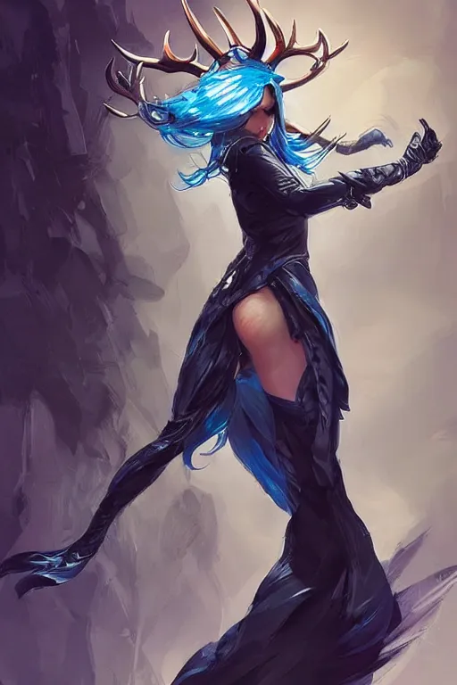 Prompt: fullbody!! dynamic action pose illustration, art by artgerm and greg rutkowski, beautiful woman with blue hair, antlers on her head, long flowing intricate black dress, dnd, face, fantasy, intricate, elegant, highly detailed, digital painting, artstation, concept art, smooth, sharp focus,