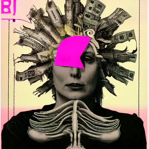 Image similar to post - punk new age album cover, asymmetrical design, frame of a dollar bank notes, capitalism, magic, apocalypse, psychedelic, black white pink, magic, giger h. r., giuseppe arcimboldo