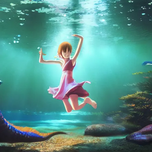 Image similar to young girl dancing underwater in redwood forest with dinosaurs, light rays through water, sharp focus, studio ghibli, Hayao Miyazaki, oil painting, artbook, Makoto Shinkai, Highly Detailed, Cinematic Lighting, 8k, HD