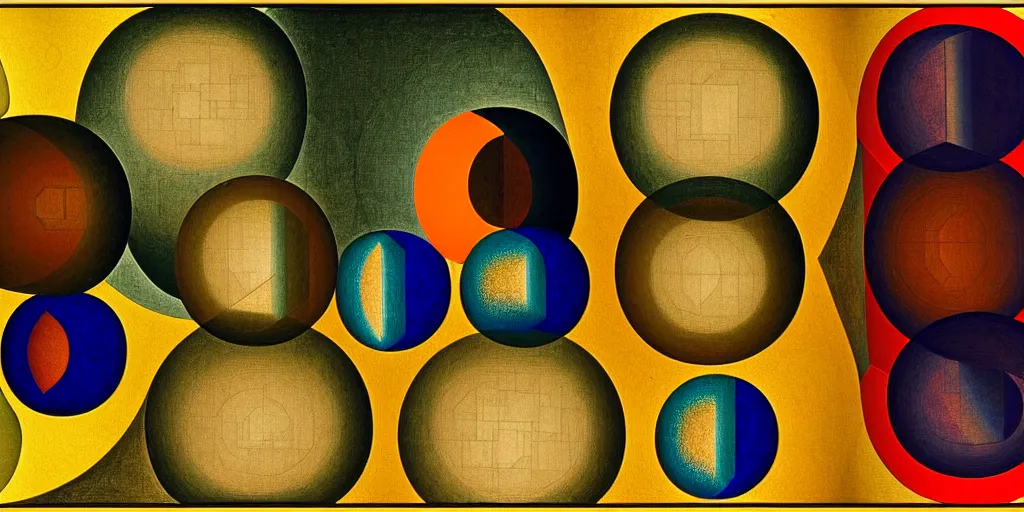 Image similar to very old and very detailed great canvas with wonderful gradient from warm to cold tones, multilayer last supper johannes itten and hiroshi nagai colors,, pattern of escher style 3 6 0 panorama with hieronymus bosch style bubbles, contrast of light and shadows, unfinished,, digital 4 k, super resolution