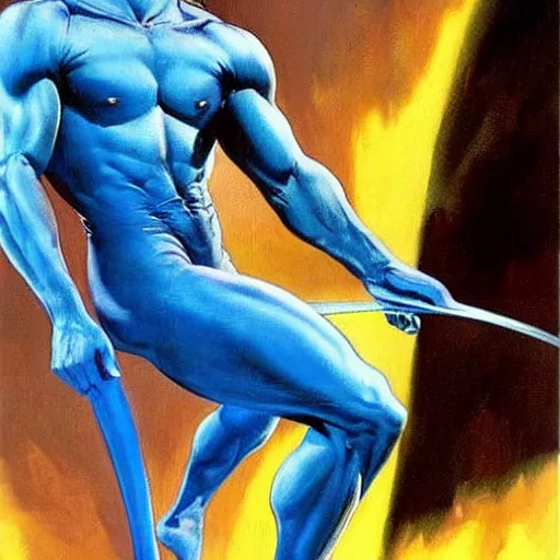 Image similar to painting by Frank Frazetta of Christian Bale!!!! as Dr. Manhattan in Watchmen