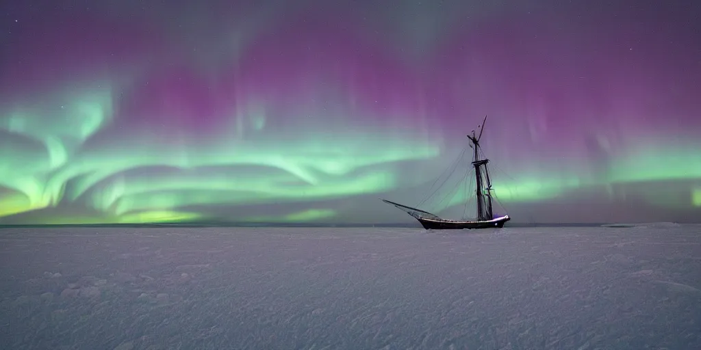 Image similar to “ a single wooden sail ship beset in solid white sea ice, nighttime, aurora borealis visible, ”