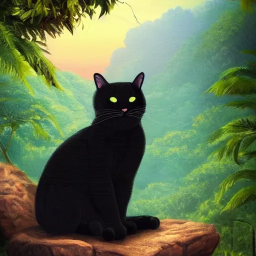 Image similar to a black cat seated on a rock in a jungle!, mist, tropical trees, vines, birds, sunset!, fluffy clouds, warm colors, beautiful lighting, digital art, intricate details, trending on artstation