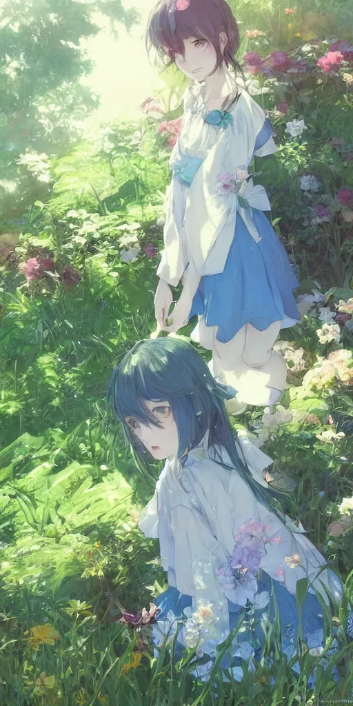 Image similar to a depressed digital art, loli in dress, garden, green and warm theme, blue accents, back lighting, highly detailed, 4 k resolution, trending on art station, by krenz cushart and mucha and akihito yoshida and greg rutkowski and makoto shinkai