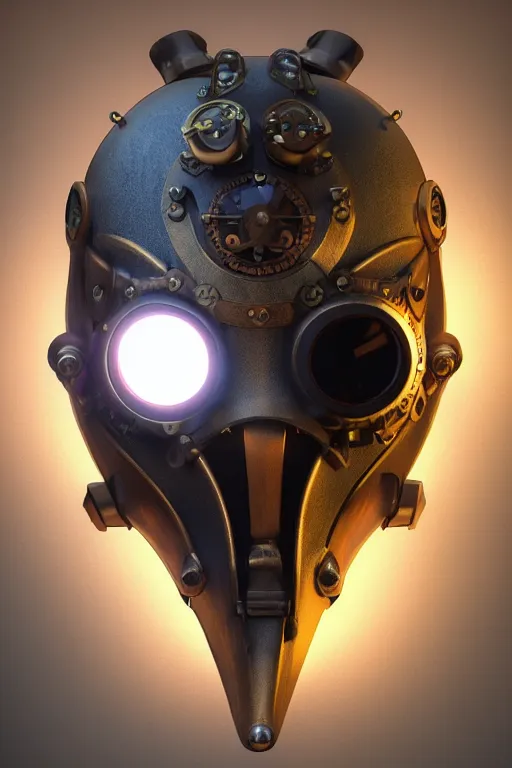 Image similar to steampunk mask minimalist fantasy art robot ninja helmet, global illumination ray tracing hdr fanart arstation by sung choi and eric pfeiffer and gabriel garza and casper konefal radiating a glowing aura