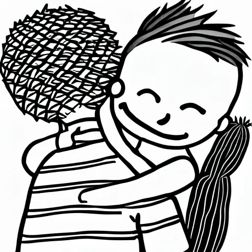 Prompt: sentimental boy hugging a cactus, line art, black and white