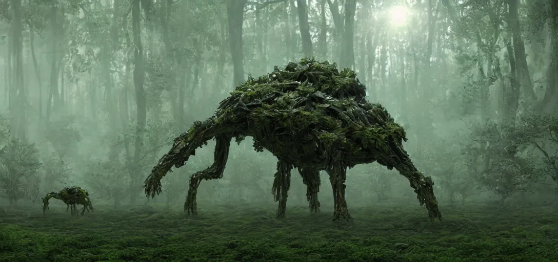 Image similar to a complex organic fractal 3 d metallic symbiotic ceramic humanoid megastructure creature in a swampy lush forest, foggy, sun rays, cinematic shot, photo still from movie by denis villeneuve, wayne barlowe