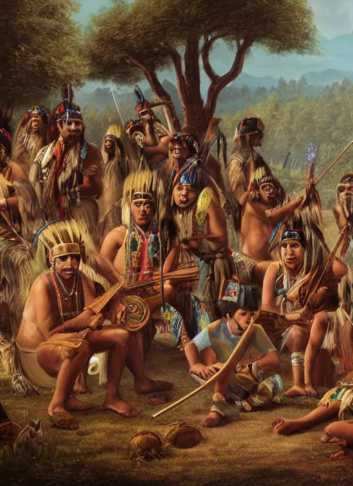 Prompt: a painting of indigenous people playing music, matte painting, highly detailed, fantasy art