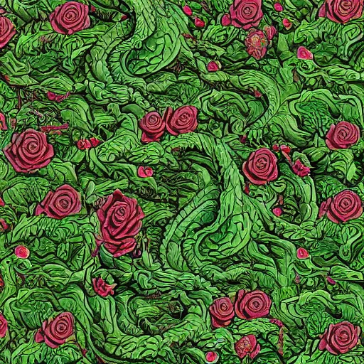 Image similar to green dragon surrounded by tessellation of roses, by mc escher