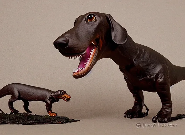 Image similar to Dachshund Tyrannosaurus Rex, natural history diorama by James Perry Wilson