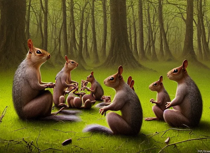 Image similar to photo, squirrels sitting around a gory circle, woodland location, stefan kostic and david cronenberg, realistic, sharp focus, 8 k high definition, intricate, chiaroscuro, elegant, perfect faces, symmetrical face, extremely detailed, hypnotic eyes, realistic, fantasy art, masterpiece zdzislaw beksinski, national geographic, artgerm