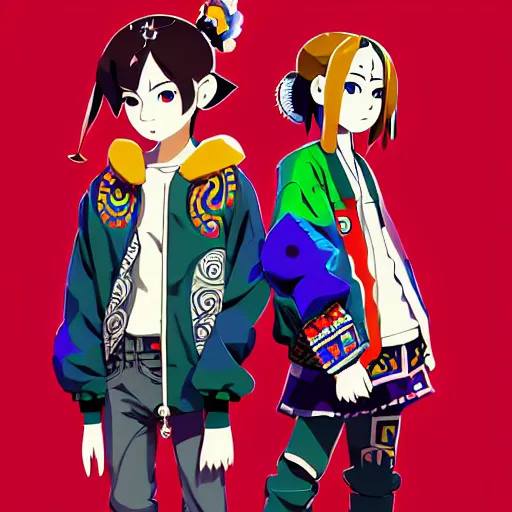 Image similar to majora majora's mask wearing oversized mayan bomber jacket with overalls, bulky poofy bomber jacket with mayan patterns, aztec street fashion, botw art style, gapmoe yandere grimdark, trending on pixiv fanbox, painted by greg rutkowski makoto shinkai takashi takeuchi studio ghibli, akihiko yoshida