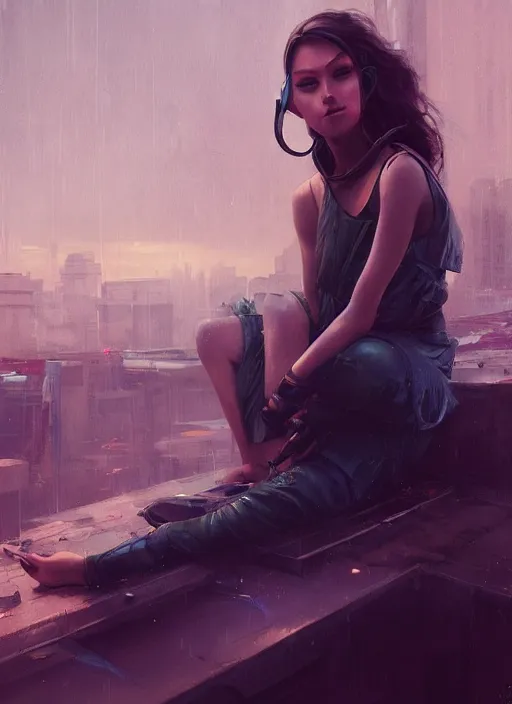 Image similar to girl sitting on a rooftop, cyberpunk, medium shot, realistic detailed face, by charlie bowater, by wlop, by jeremy lipking, expressive oil painting, portrait, digital art