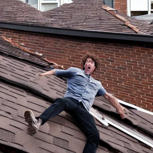 Image similar to photo of 40 year old tall skinny man with curly brown hair destroying a roof