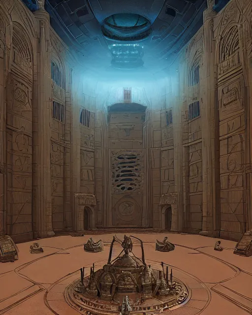 Image similar to paul atreides imperror of arrakis in the giant throne hall, highly detailed, ominous, eldritch, by simon stalenhag and greg rutkovski, sci-fi movie