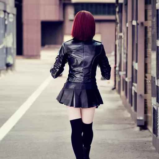 Image similar to a dynamic, epic cinematic 8K HD movie shot of a japanese young J-Pop idol girl wearing leather jacket, miniskirt, nylon tights and high heels boots. Motion, VFX, Inspirational arthouse