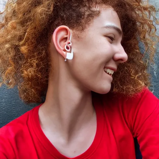 Prompt: red teenager with curly blonde hair red t shirt airpods attractive, high - quality photo realistic highly detailed high - quality 8 k