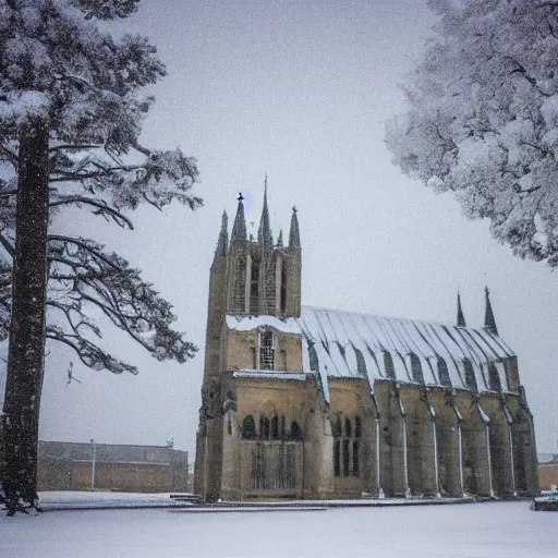 Image similar to a cathedral on a snowy plain with icicles forming on the roof. there is snow falling down from the sky which is overcast.