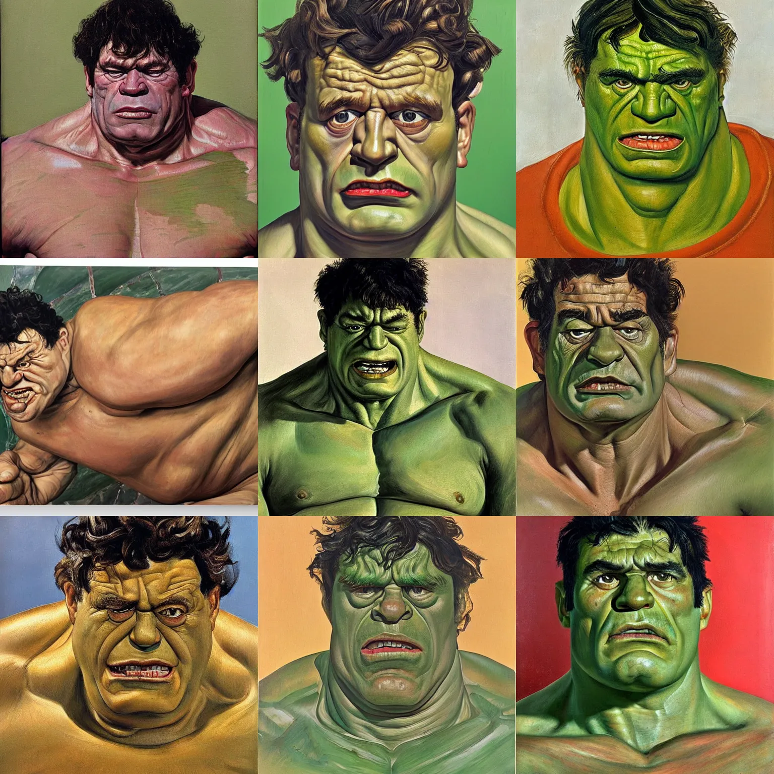 Prompt: portrait of hulk painted by lucian freud