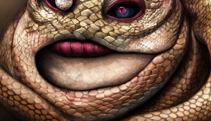 Image similar to hybrid of a happy snake diamonds and sad clown, rule of thirds, beautiful detailed face, ultra realistic, concept art, intricate details, serious, highly detailed, photorealistic, octane render, 8 k, unreal engine, detailed oil painting.