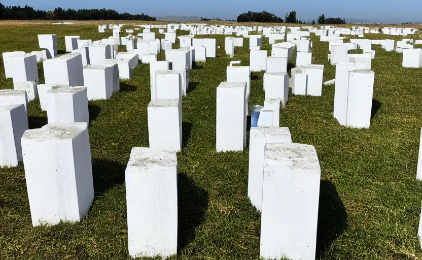 Prompt: color image, five identical large white concrete blocks, empty grassy plain