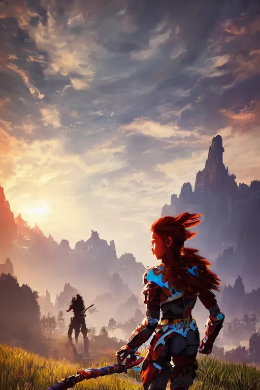 Image similar to combination suit armor aloy horizon forbidden west horizon zero dawn radiating a glowing aura global illumination ray tracing hdr fanart arstation by ian pesty and alena aenami artworks in 4 k tribal robot ninja mask helmet backpack