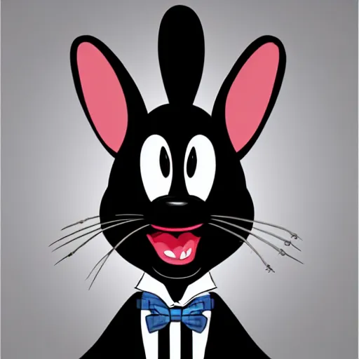 Image similar to A extremely highly detailed majestic hi-res beautiful, highly detailed head and shoulders portrait of a scary terrifying, horrifying, creepy black cartoon rabbit with a bowtie and scary big eyes, earing a shirt laughing, hey buddy, let's be friends, in the style of Walt Disney